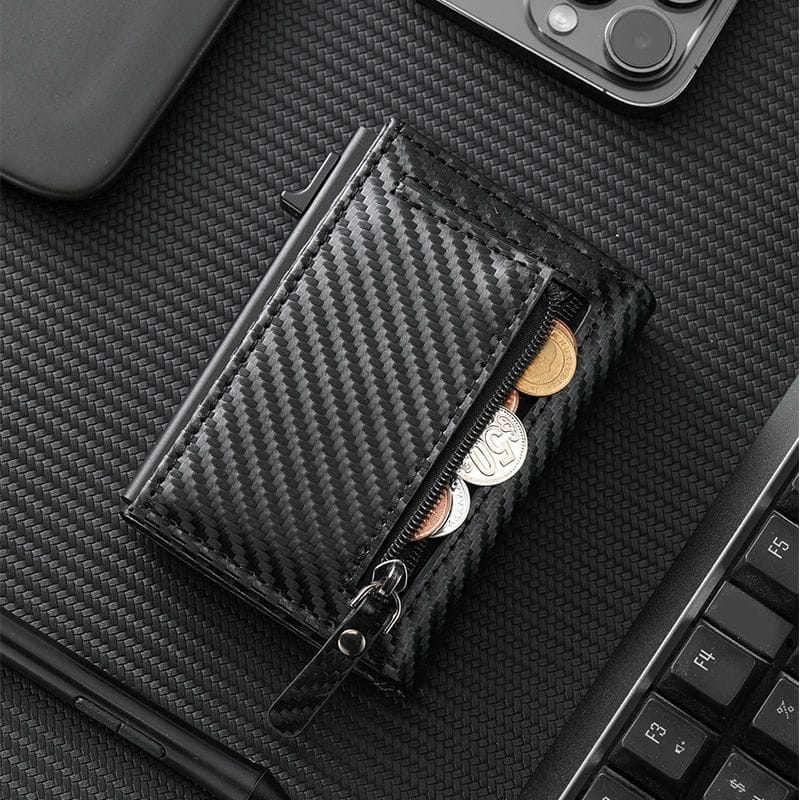 ✨ PORTE-CARTES & PORTEFEUILLE ANTI-RFID (Fibre de Carbone) : Porte-Cartes Automatique Pop-Up avec Poche Monnaie & Protection Anti-Piratage