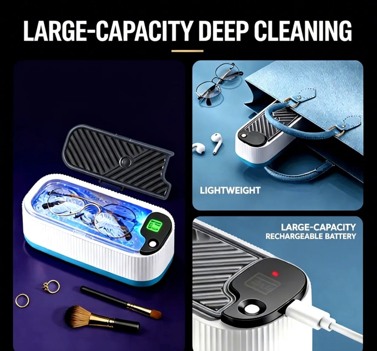 ✨ NETTOYEUR ULTRA-SONS PORTABLE : Nettoyant Multifonction Ultrasonique pour Bijoux, Lunettes, Pinceaux & Objets du Quotidien à 9000