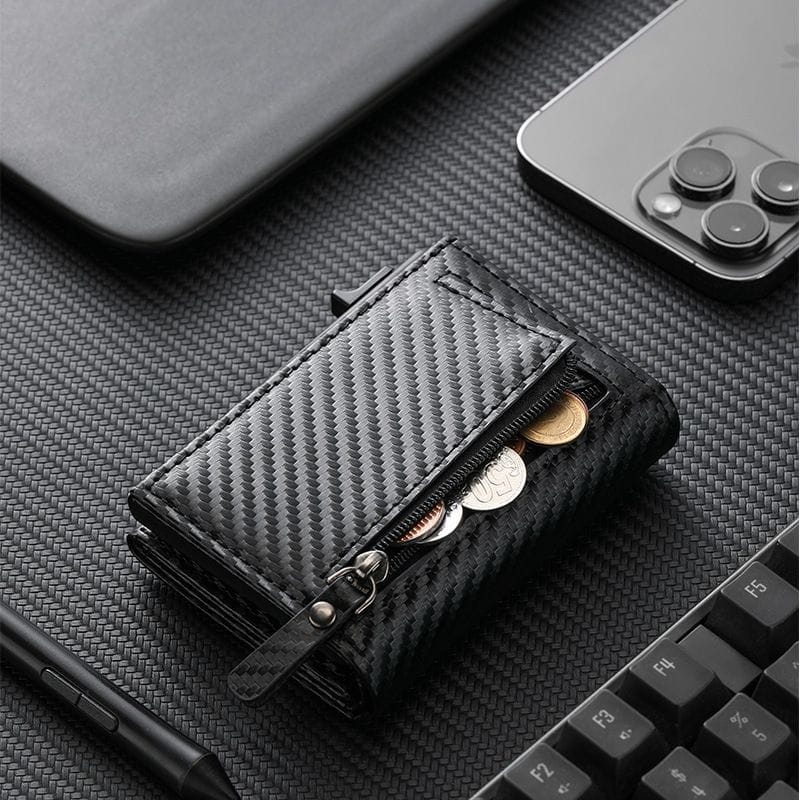 ✨ PORTE-CARTES & PORTEFEUILLE ANTI-RFID (Fibre de Carbone) : Porte-Cartes Automatique Pop-Up avec Poche Monnaie & Protection Anti-Piratage